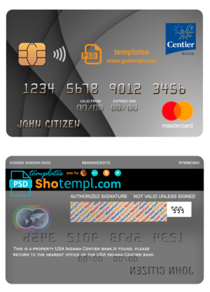 USA Indiana Centier bank mastercard fully editable template in PSD format