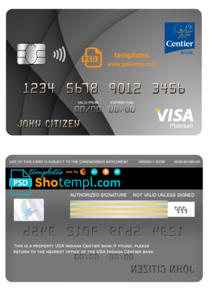 USA Indiana Centier bank visa platinum card fully editable template in PSD format