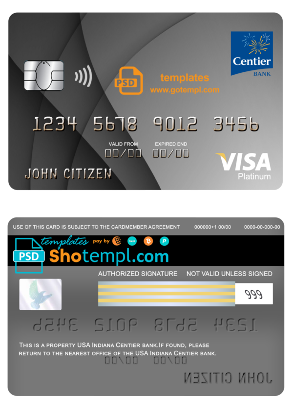 USA Indiana Centier bank visa platinum card fully editable template in PSD format