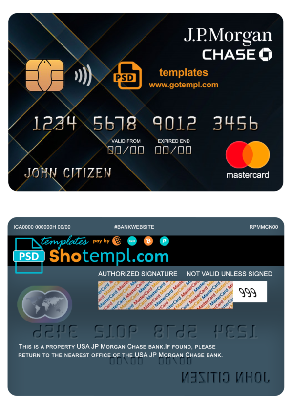 USA JP Morgan Chase bank mastercard fully editable template in PSD format