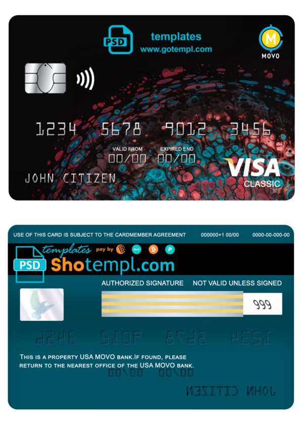 USA MOVO bank visa classic card fully editable template in PSD format
