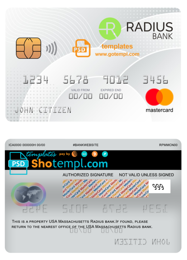 USA Massachusetts Radius bank mastercard fully editable template in PSD format