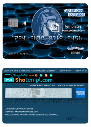 USA New York American Express Blue bank card fully editable template in PSD format