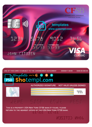 USA New York CFSB bank visa classic card fully editable template in PSD format