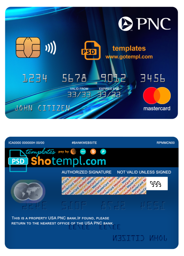 USA PNC bank mastercard fully editable template in PSD format