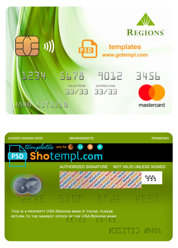 USA Regions bank mastercard fully editable template in PSD format