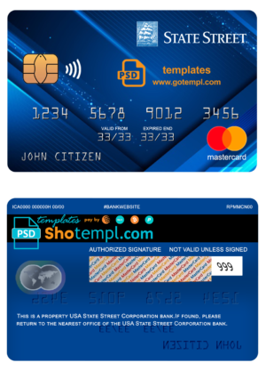 USA State Street Corporation bank mastercard fully editable template in PSD format