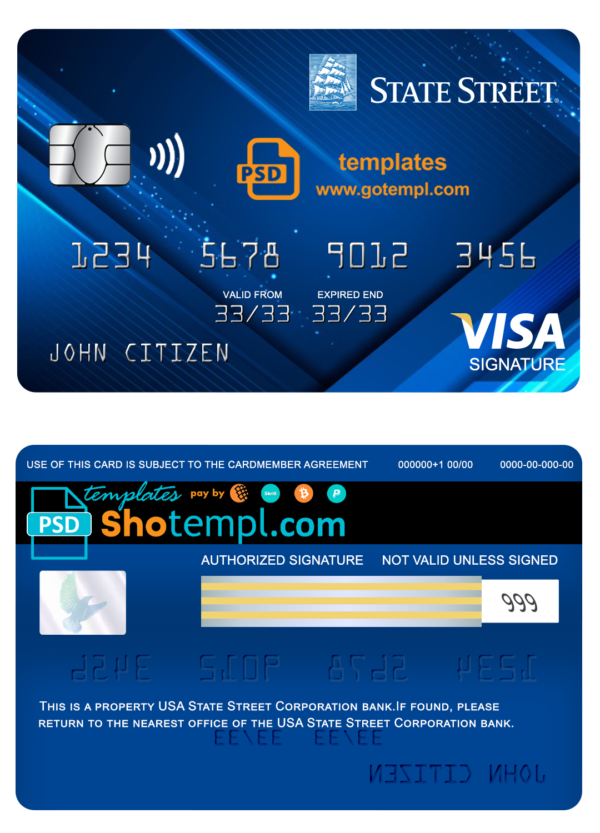USA State Street Corporation bank visa signature card fully editable template in PSD format