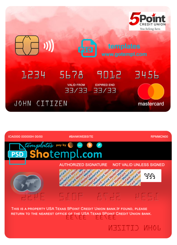 USA Texas 5Point Credit Union bank mastercard, fully editable template in PSD format