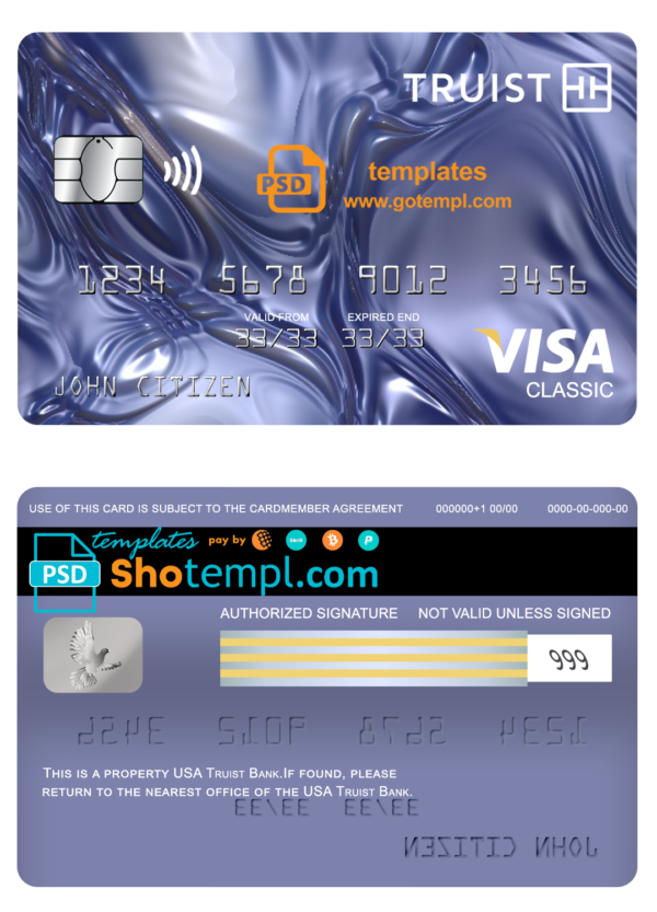 USA Truist Bank visa classic card, fully editable template in PSD format