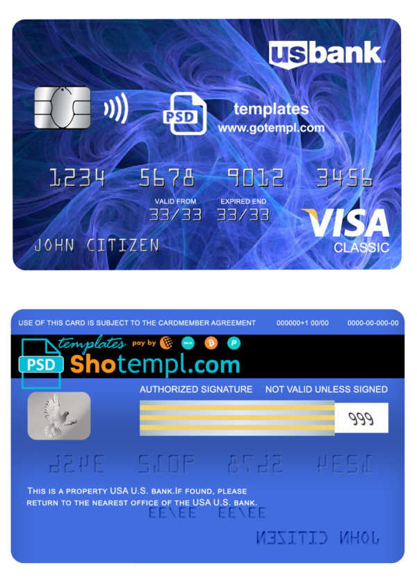 USA U.S. bank visa classic card, fully editable template in PSD format
