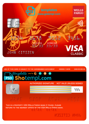 USA Wells Fargo bank visa classic card, fully editable template in PSD format