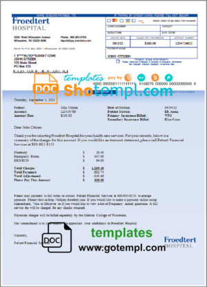 USA Froedtert Hospital invoice template in Word and PDF format, fully editable