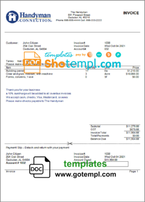 USA Handyman Home Service Company invoice template in Word and PDF format, fully editable