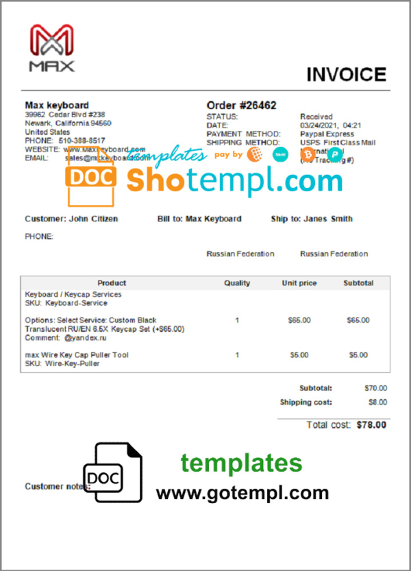 USA Max Keyboard Company invoice template in Word and PDF format, fully editable