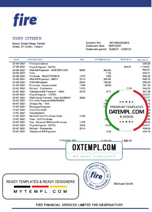 Ireland Fire Financial Services Limited account statement template in Excel and PDF format