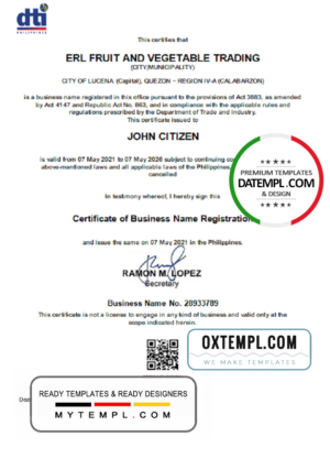 Philippines Department of Trade and Industry (DTI) private entrepreneur certificate template in Word and PDF format