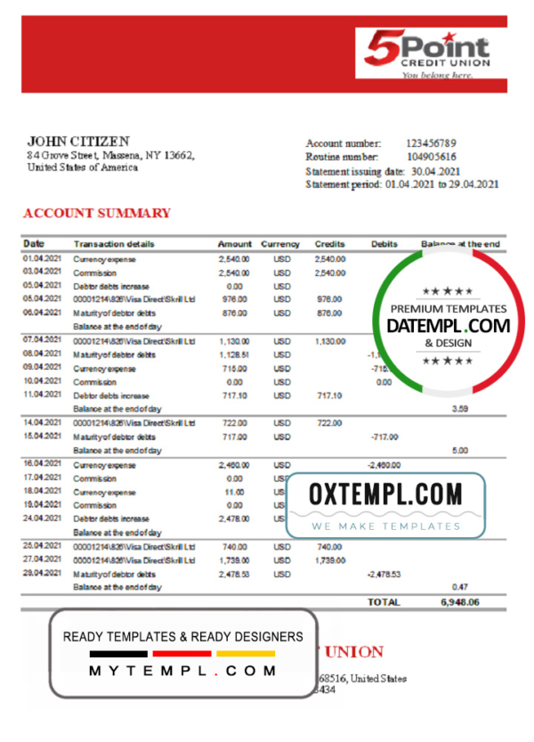 USA Texas 5Point bank statement template in Excel and PDF format