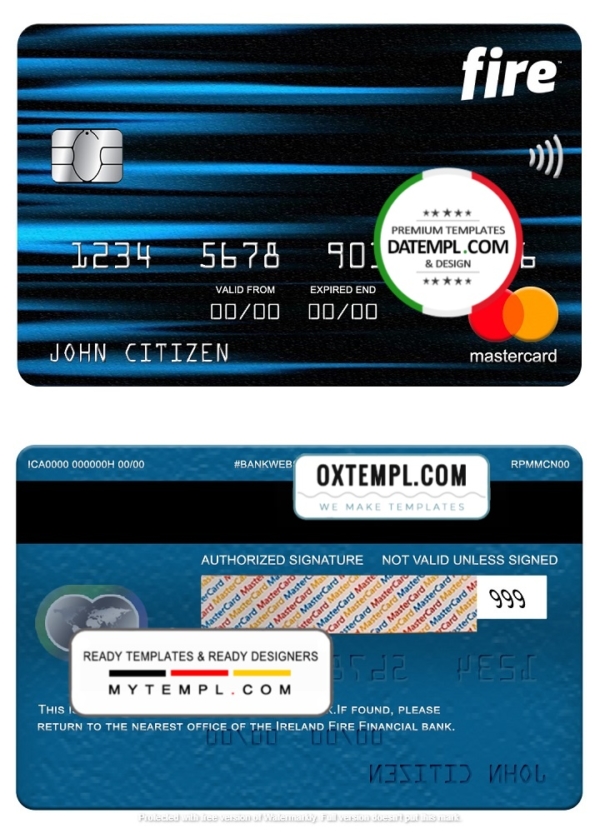 Ireland Fire Financial Services Limited the Observatory bank mastercard, fully editable template in PSD format