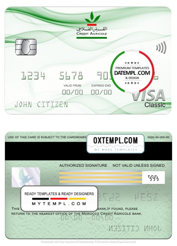 Morocco Credit Agricole bank visa classic card, fully editable template in PSD format