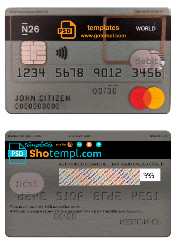 Germany N26 bank mastercard template in PSD format, fully editable