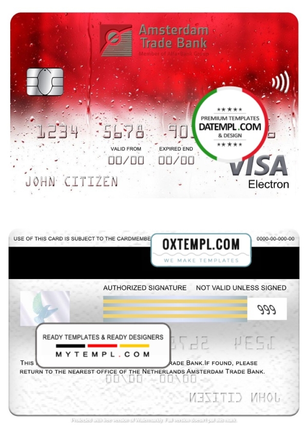 Netherlands Amsterdam Trade bank visa electron card, fully editable template in PSD format