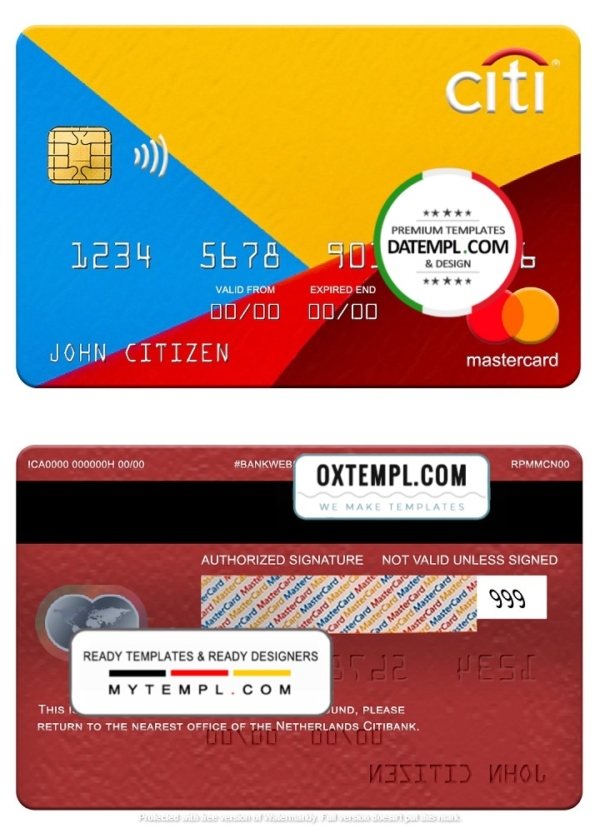 Netherlands Citibank mastercard template in PSD format, fully editable