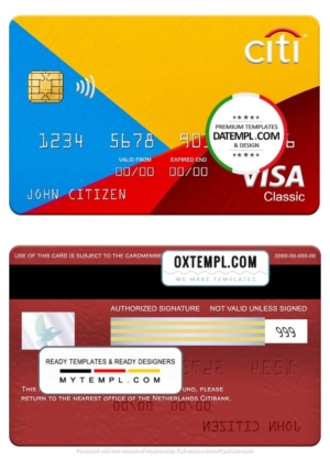 Netherlands Citibank visa classic card template in PSD format, fully editable