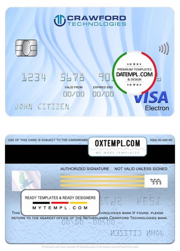 Netherlands (Holland) Crawford Technologies bank visa electron card, fully editable template in PSD format