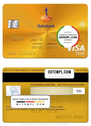 Netherlands Rabobank visa gold card, fully editable template in PSD format