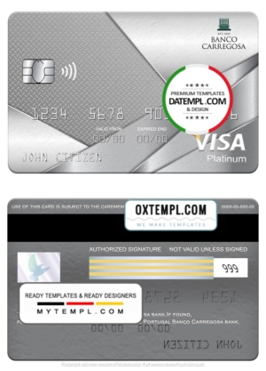 Portugal Banco Carregosa bank visa platinum card, fully editable template in PSD format