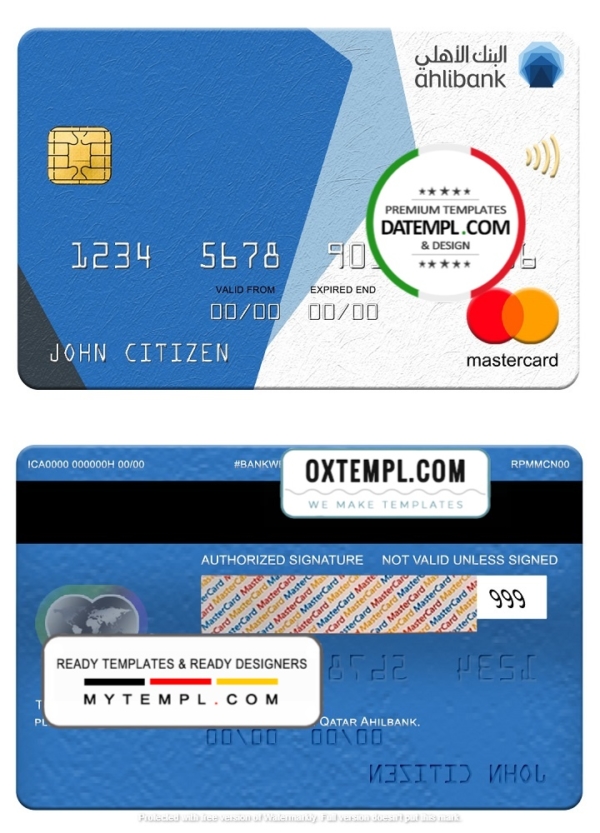 Qatar Ahilbank mastercard, fully editable template in PSD format