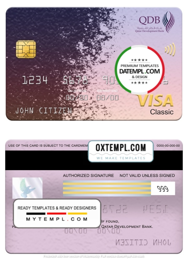 Qatar Development Bank visa classic card, fully editable template in PSD format