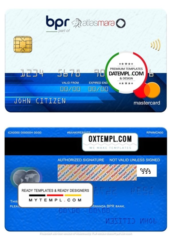 Rwanda BPR bank mastercard, fully editable template in PSD format