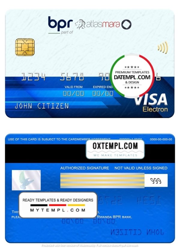 Rwanda BPR bank visa electron card, fully editable template in PSD format