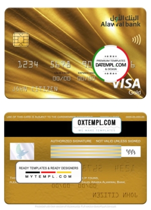 Saudi Arabia Alawwal Bank visa gold card, fully editable template in PSD format
