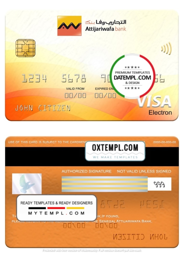 Senegal Attijariwafa Bank visa electron card, fully editable template in PSD format