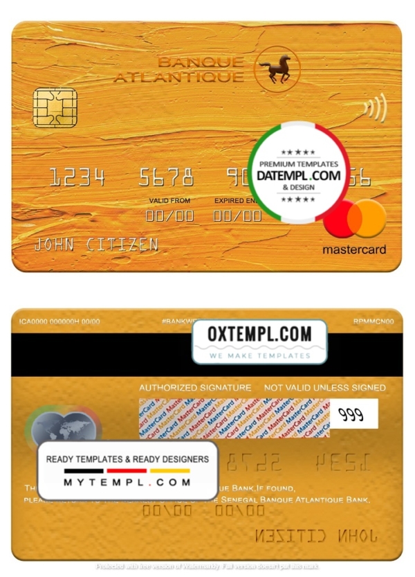 Senegal Banque Atlantique Bank mastercard, fully editable template in PSD format