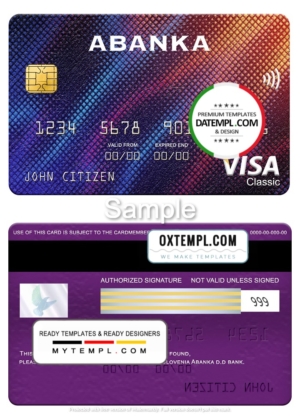 Slovenia Abanka d.d bank visa classic card, fully editable template in PSD format