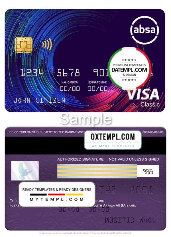 South Africa ABSA bank visa classic card, fully editable template in PSD format
