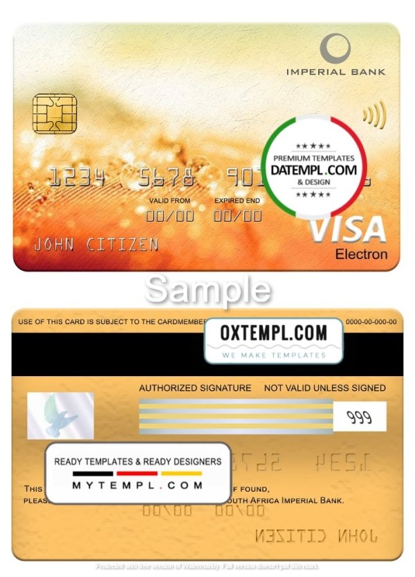 South Africa Imperial Bank visa electron card, fully editable template in PSD format