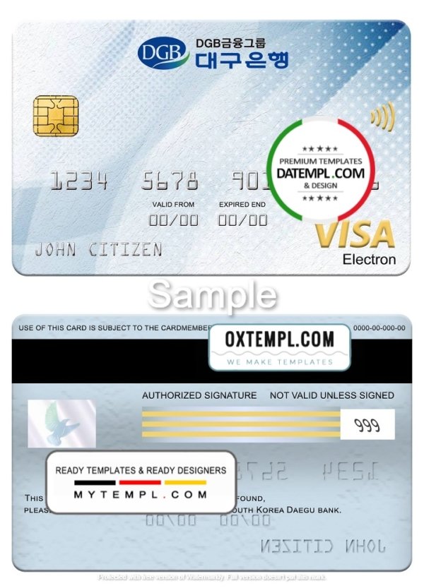 South Korea Daegu bank visa electron card, fully editable template in PSD format