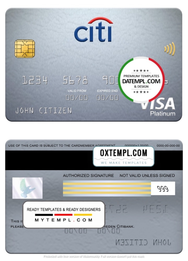 Sweden Citibank visa platinum card, fully editable template in PSD format