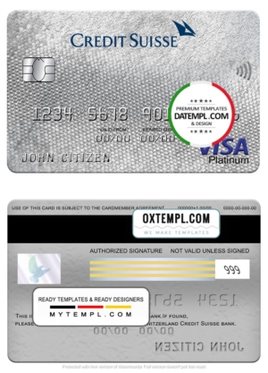 Switzerland Credit Suisse bank visa platinum card, fully editable template in PSD format