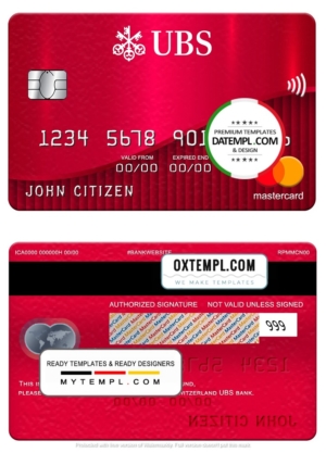 Switzerland UBS bank mastercard, fully editable template in PSD format