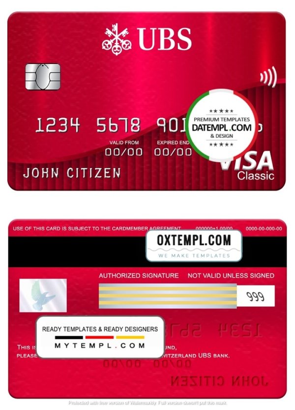 Switzerland UBS bank visa classic card, fully editable template in PSD format