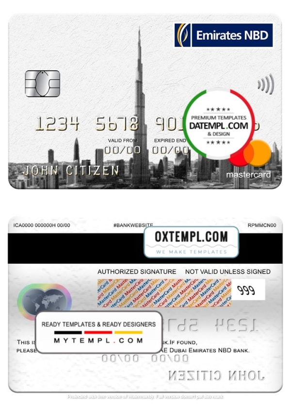 UAE Dubai Emirates NBD bank mastercard, fully editable template in PSD format