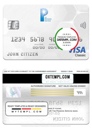 United Kingdom The Pension Service bank visa classic card, fully editable template in PSD format
