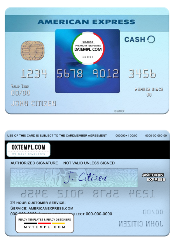 USA Commerce bank AMEX blue cash everyday card template in PSD format, fully editable