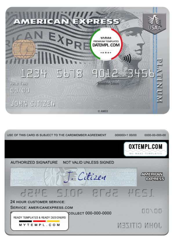USA USAA bank AMEX platinum card template in PSD format, fully editable